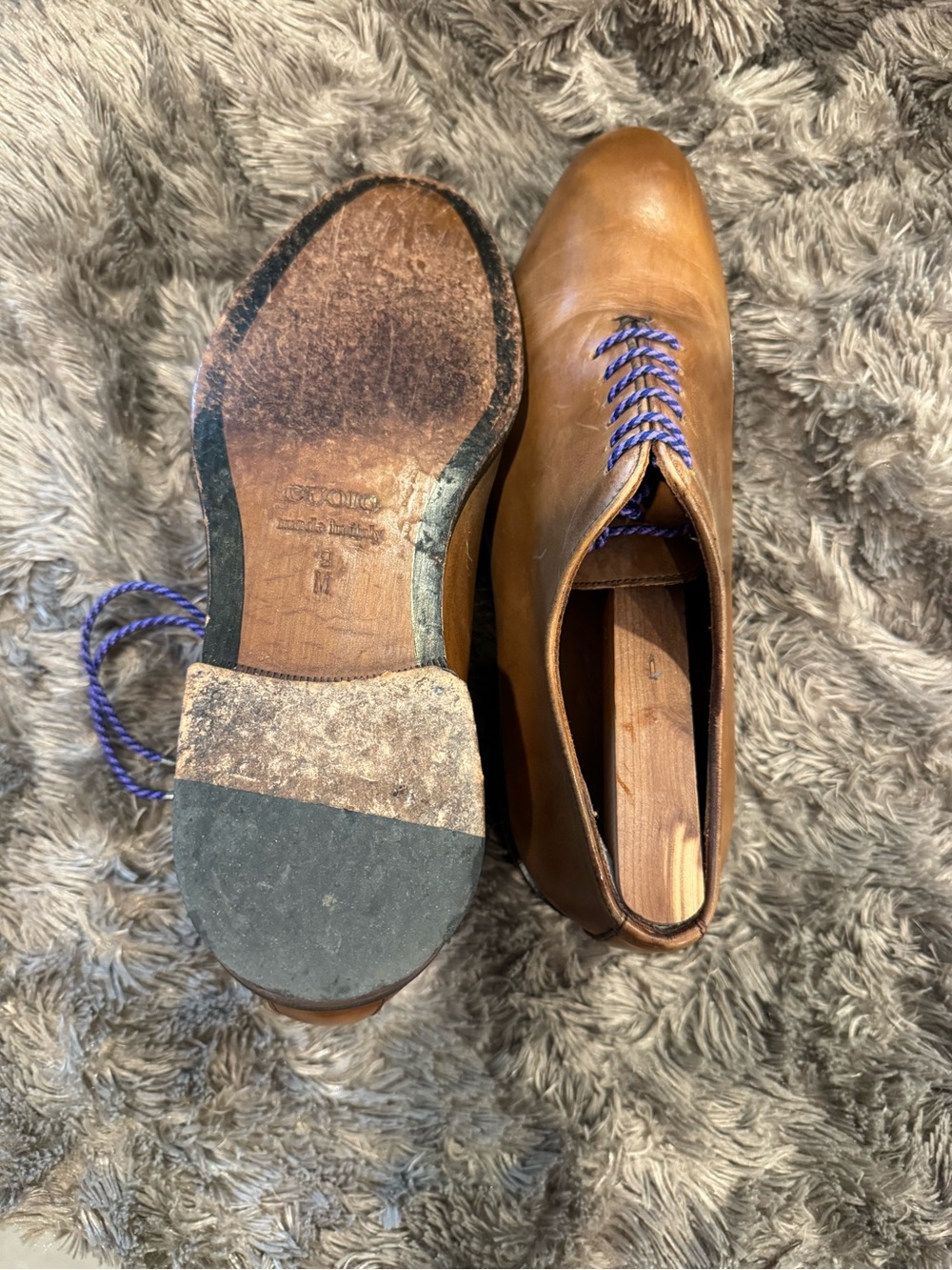 Men's Tan Leather Derby Shoes with Blue/Purple Laces by CUOIO. Made in Italy - Picture 8 of 14
